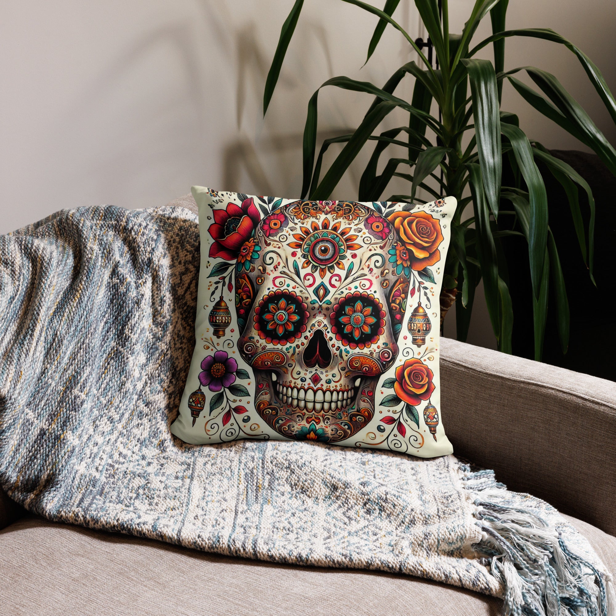 Vibrant Dia de los Muertos Skull Design with Intricate Floral Patterns