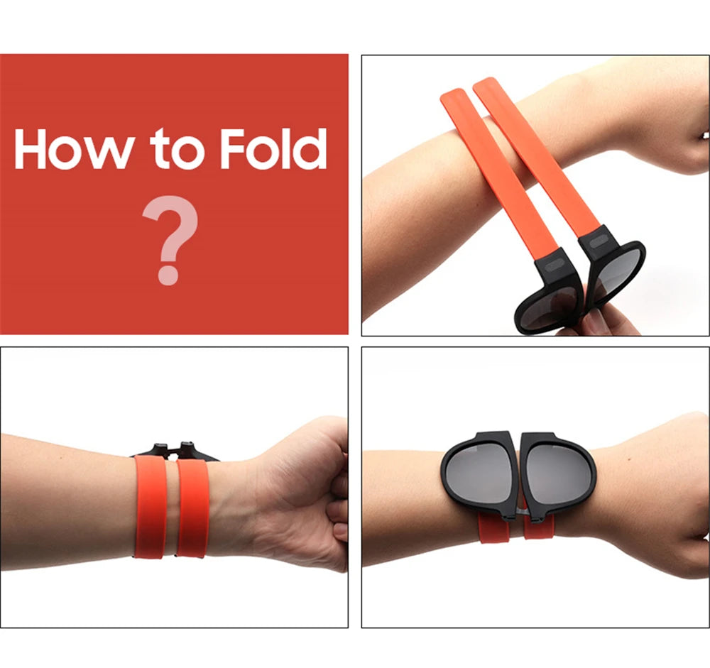 Novelty Folding Sunglasses Slap Sport Foldable Wristband Shades - Black and Silver