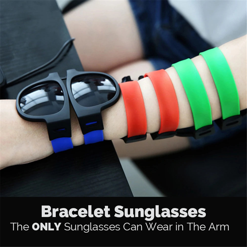 Novelty Folding Sunglasses Slap Sport Foldable Wristband Shades - Black and Silver